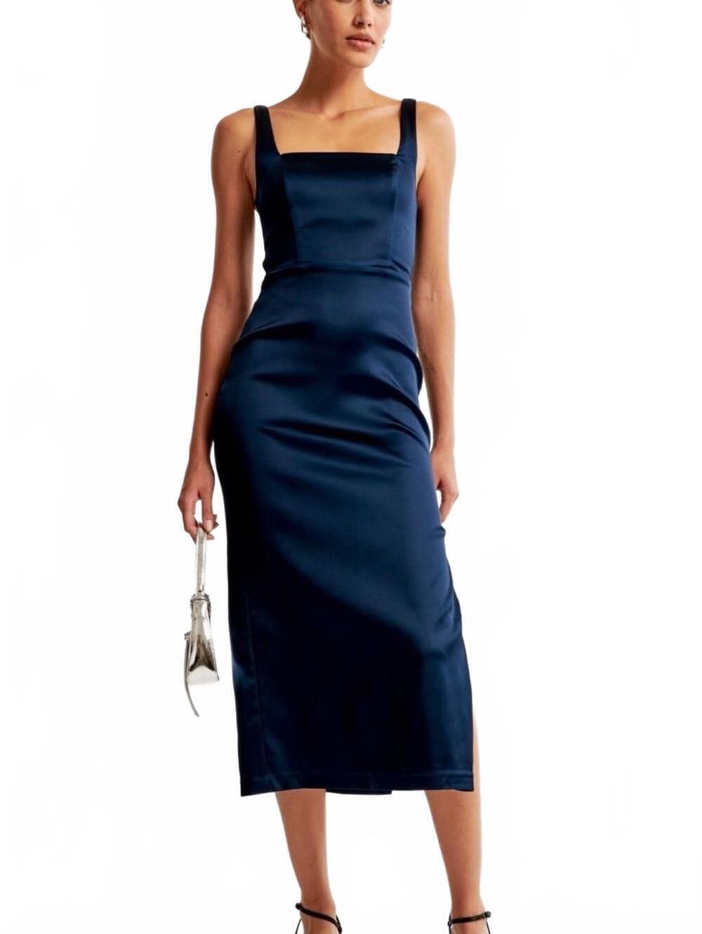 Abercrombie & Fitch Sculpting Satin Midi Dress Gown Formal Navy Blue 2XL XXL NWT